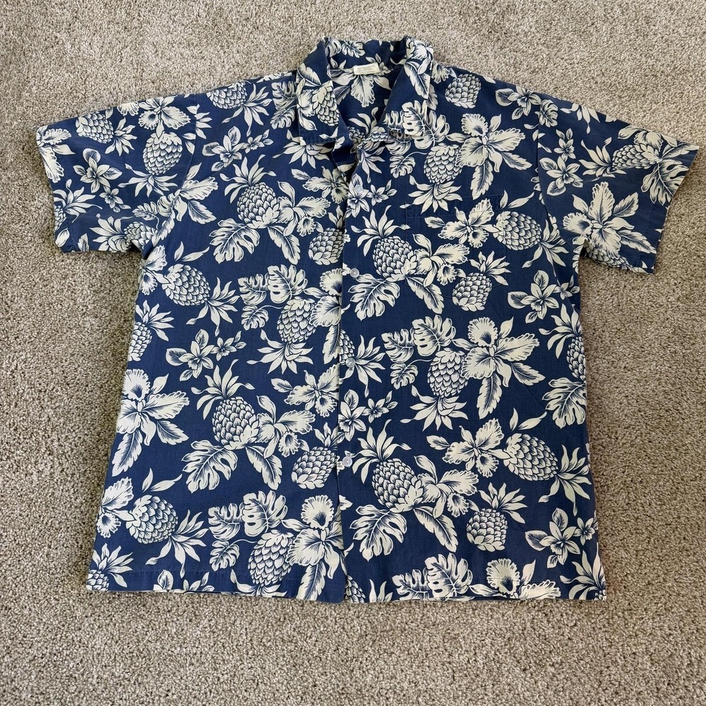 Vintage New Horizon Shirt Mens Large Blue Hawaiian Floral Short Sleeve Button Up